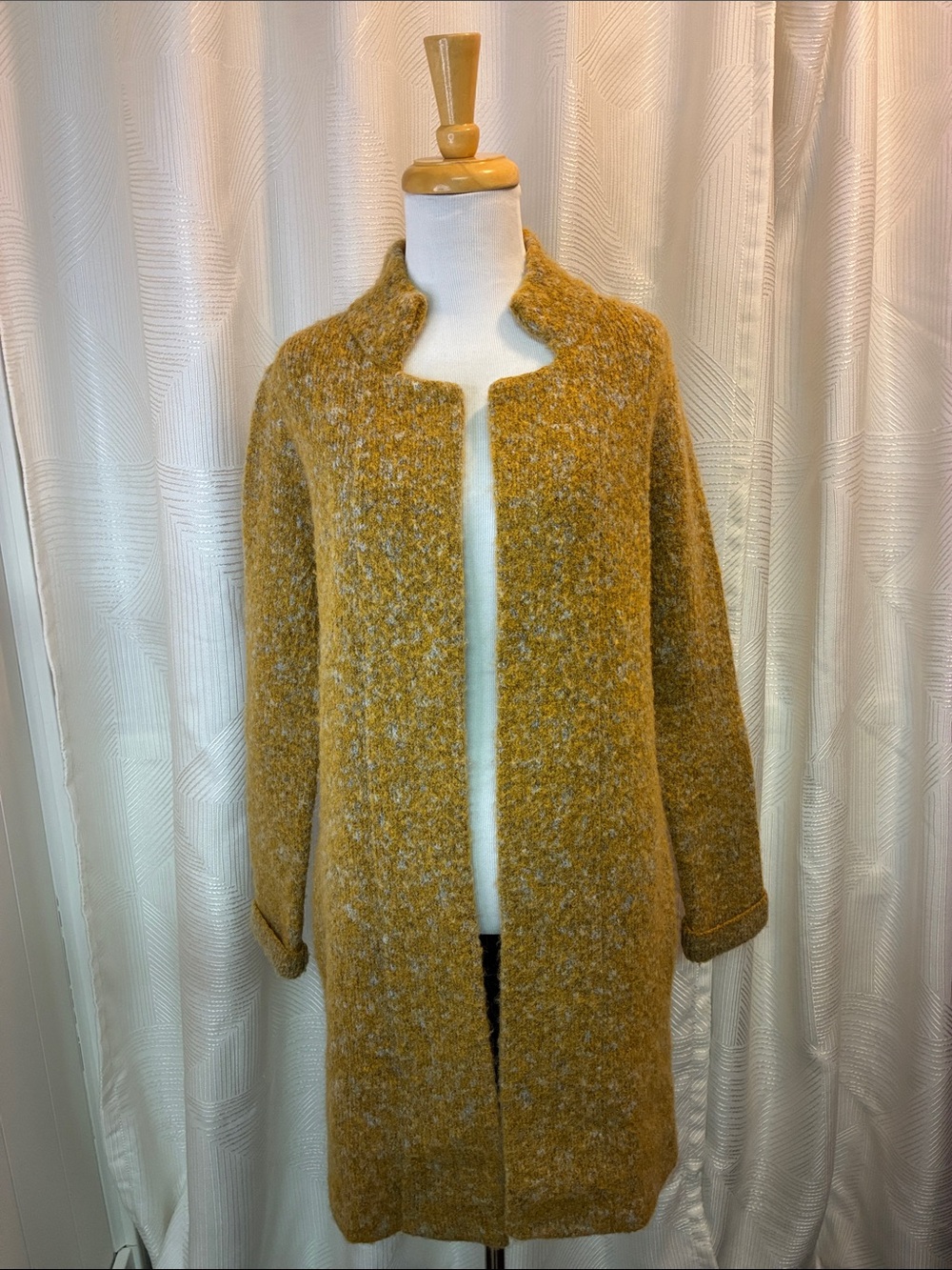 Mia Mai Open-Front Bouclé Long Cardigan in Mustard